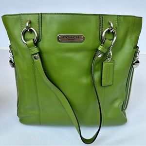 Coach leather candy apple green tote handbag with silver hardware.